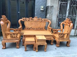 Bộ Bàn Ghế Nghê Gõ Đỏ Mặt Liền của Đồ Gỗ Phạm Gia