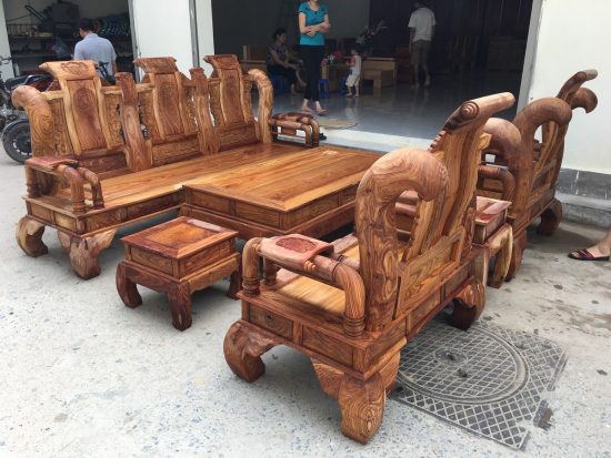 Bộ bàn ghế Tần Thủy Hoàng gỗ hương vân tay cột 14 bộ 6 món chất lượng cao