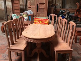 Bộ bàn ăn bầu dục 8 ghế triện chữ thọ gỗ hương đá (Chú Hòa, Lạng Sơn)
