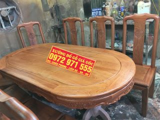 Bộ bàn ăn bầu dục 8 ghế triện chữ thọ gỗ hương đá (Chú Hòa, Lạng Sơn)