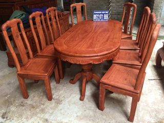 Bộ bàn ăn bầu dục 8 ghế triện gỗ hương đá vân siêu đẹp (Anh Hải, Hà Nội)