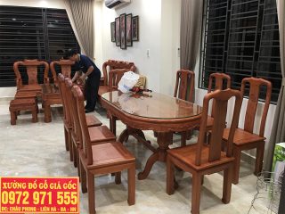 Bộ bàn ghế Minh Quốc triện 7 món gỗ hương đá tay cột 12 mua kèm bộ bàn ghế ăn gỗ hương đá 8 ghế (Chú Dương, Nam Định)