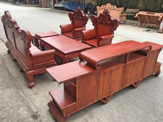 Bộ bàn ghế Hoàng Gia 6 món gỗ gõ đỏ chân 12cm ván tràn (Anh Thắng, Hải Phòng)