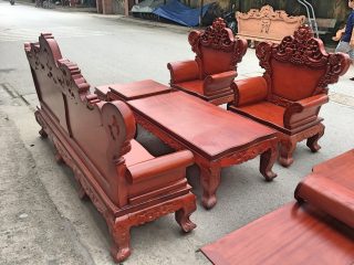 Bộ bàn ghế Hoàng Gia 6 món gỗ gõ đỏ chân 12cm ván tràn (Anh Thắng, Hải Phòng)