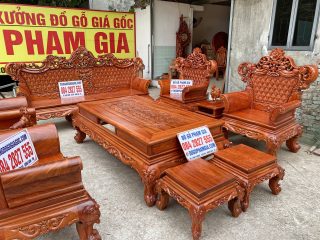 Bộ bàn ghế phòng khách mẫu Hoàng Gia v3 chân 16cm gỗ hương đá (Anh Bình, Lạng Sơn)