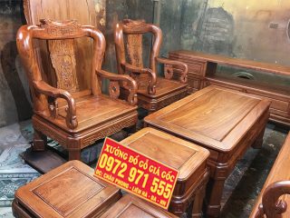 Bộ bàn ghế Minh Quốc triện 7 món gỗ hương đá tay cột 12 mua kèm bộ bàn ghế ăn gỗ hương đá 8 ghế (Chú Dương, Nam Định)