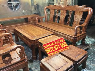 Bộ bàn ghế Minh Quốc triện 7 món gỗ hương đá tay cột 12 mua kèm bộ bàn ghế ăn gỗ hương đá 8 ghế (Chú Dương, Nam Định)
