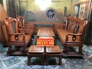 Bộ bàn ghế Minh Quốc triện 7 món gỗ hương đá tay cột 12 mua kèm bộ bàn ghế ăn gỗ hương đá 8 ghế (Chú Dương, Nam Định)