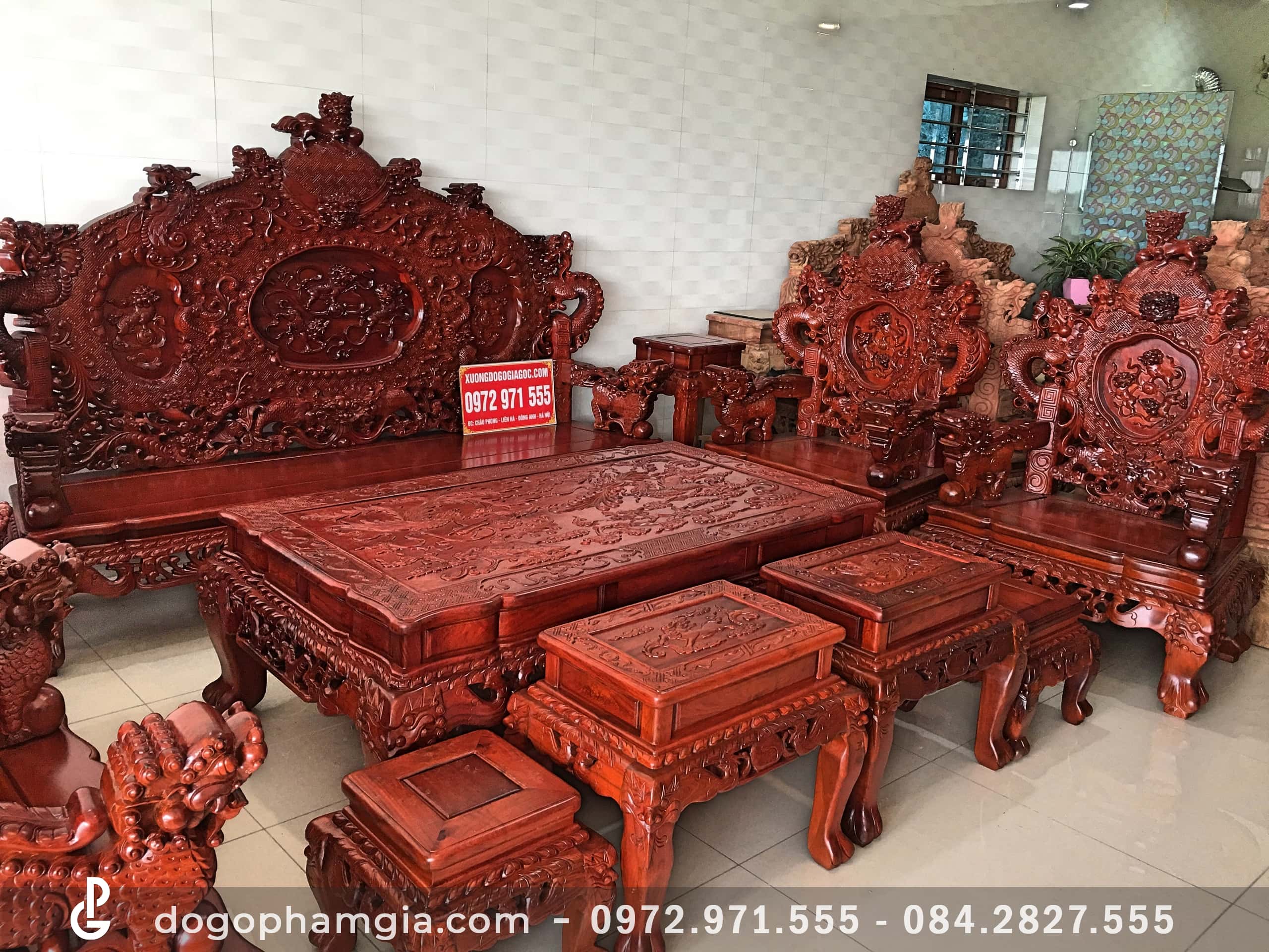 Bộ bàn ghế đỉnh rồng 10 món gỗ hương đỏ chân 12 (Anh Trung, Nam ...