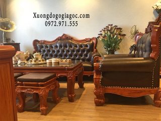 Sofa tân cổ điển gỗ gõ đỏ bọc da cao cấp (Anh Khởi, Hải Phòng)