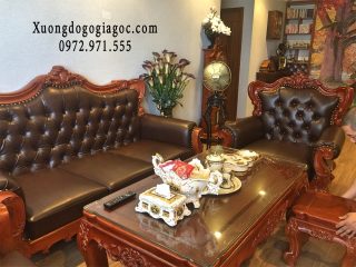 Sofa tân cổ điển gỗ gõ đỏ bọc da cao cấp (Anh Khởi, Hải Phòng)