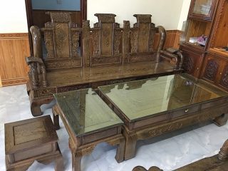 Bộ bàn ghế Tần Thủy Hoàng 6 món tay cột 12 gỗ mun đuôi công (Anh Độ, Hải Dương)