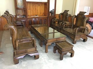 Bộ bàn ghế Tần Thủy Hoàng 6 món tay cột 12 gỗ mun đuôi công (Anh Độ, Hải Dương)