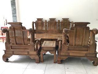 Bộ bàn ghế Tần Thủy Hoàng tay cột 12 gỗ mun đuôi công (Anh Khương, Bắc Giang)