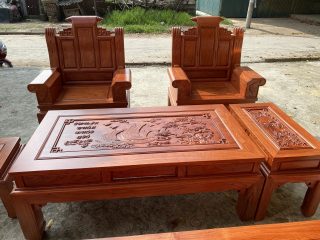 Bộ bàn ghế Âu Á chương cuốn thư 6 món gỗ hương đá (Cô Loan, Hải Dương)