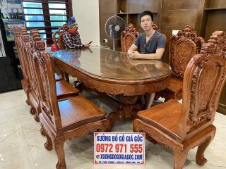 Bộ bàn ăn bầu dục 8 ghế hồng hạc gỗ hương đá đục 2 mặt (Anh Long, Thái Bình)