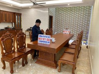 Bộ bàn ăn nguyên khối gỗ hương đá 12 ghế louis hoa hồng (bác Vượng, Hà Nội)