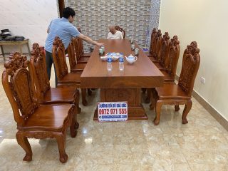 Bộ bàn ăn nguyên khối gỗ hương đá 12 ghế louis hoa hồng (bác Vượng, Hà Nội)