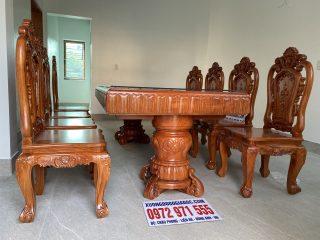 Bàn ăn nguyên khối gỗ hương đá bộ 8 ghế hồng hạc đục 2 mặt siêu đẹp