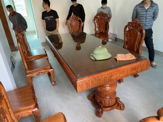 Bàn ăn nguyên khối gỗ hương đá bộ 8 ghế hồng hạc đục 2 mặt siêu đẹp
