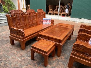 Bộ bàn ghế Âu Á chương voi gỗ hương đá 6 món tay đặc nguyên khối