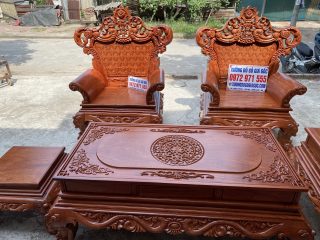 Bộ bàn ghế Hoàng Gia 6 món gỗ hương đá mặt bàn nguyên tấm đục sâu 1.5cm cực đẹp