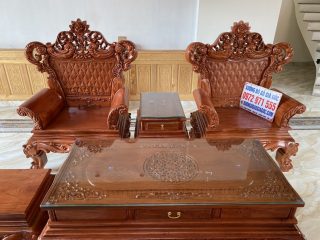 Bộ bàn ghế Hoàng Gia 6 món gỗ hương đá mặt bàn nguyên tấm đục sâu 1.5cm cực đẹp