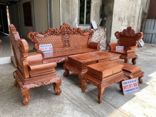 Bộ bàn ghế Hoàng Gia 6 món gỗ hương đá mặt bàn nguyên tấm đục sâu 1.5cm cực đẹp