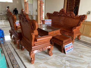 Bộ bàn ghế Hoàng Gia 6 món gỗ hương đá mặt bàn nguyên tấm đục sâu 1.5cm cực đẹp