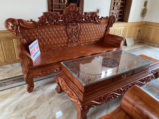 Bộ bàn ghế Hoàng Gia 6 món gỗ hương đá mặt bàn nguyên tấm đục sâu 1.5cm cực đẹp
