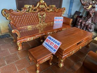 Bộ bàn ghế Hoàng Gia v3 gỗ gõ đỏ 6 món dát vàng (Chú Quyền, Ninh Bình)
