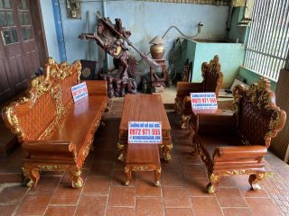 Bộ bàn ghế Hoàng Gia v3 gỗ gõ đỏ 6 món dát vàng (Chú Quyền, Ninh Bình) của Đồ Gỗ Phạm Gia
