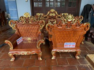 Bộ bàn ghế Hoàng Gia v3 gỗ gõ đỏ 6 món dát vàng (Chú Quyền, Ninh Bình)