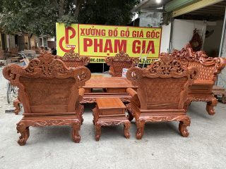 Bộ bàn ghế Hoàng Gia v3 gỗ hương đá 10 món đục 2 mặt cực đẹp
