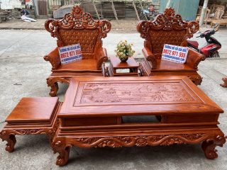 Bàn ghế hoàng gia v3 gỗ hương đá đục 2 mặt chương liền không chắp ghép