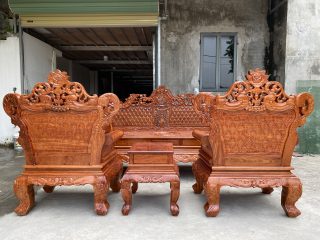Bộ bàn ghế Hoàng Gia v3 mặt ván tràn 6 món gỗ hương đá (Anh Điền, Ninh Bình)