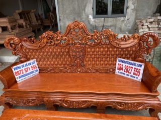 Bộ bàn ghế Hoàng Gia v4 gỗ hương đá 6 món mặt bàn đục hoa lá tây