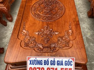Bộ bàn ghế Hoàng Gia v4 gỗ hương đá 6 món mặt bàn đục hoa lá tây