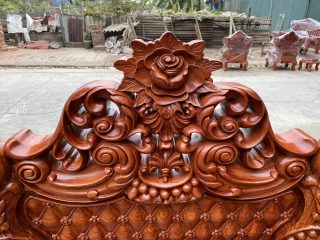 Bộ bàn ghế Hoàng Gia v4 gỗ hương đá 6 món mặt bàn đục hoa lá tây