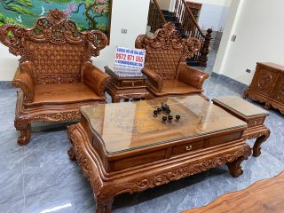 Bộ bàn ghế Hoàng Gia v4 gỗ hương đá mặt tràn đục siêu đẳng cấp (Anh Cảnh, Hòa Bình)