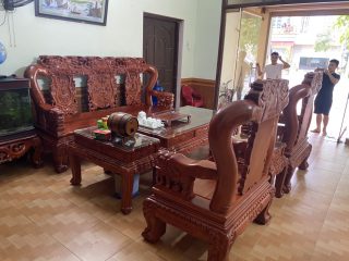 Bộ bàn ghế Quốc Voi tay cột 12 gỗ hương đá hàng dày, khuôn tranh 4cm, ván 2cm