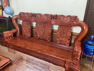 Bộ bàn ghế Quốc Voi tay cột 12 gỗ hương đá hàng dày, khuôn tranh 4cm, ván 2cm