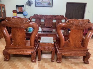 Bộ bàn ghế Quốc Voi tay cột 12 gỗ hương đá hàng dày, khuôn tranh 4cm, ván 2cm