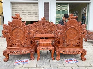 Bộ bàn ghế Rồng đỉnh 9 món tay 14cm chân 14cm đục siêu đẹp