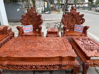 Bộ bàn ghế Rồng đỉnh 9 món tay 14cm chân 14cm đục siêu đẹp
