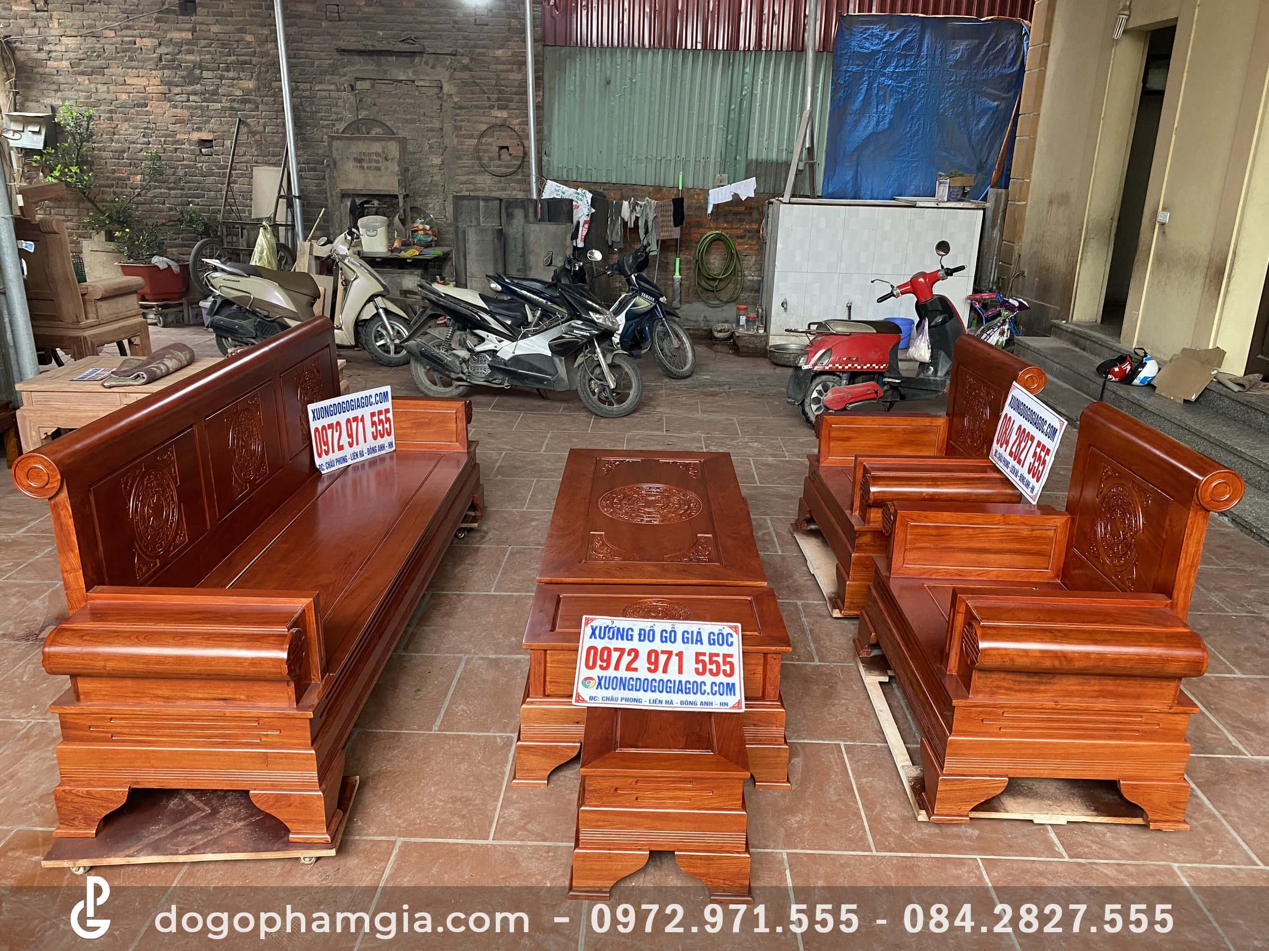 Bộ bàn ghế Sofa pháo gỗ hương đá đục trống đồng (Anh Mão, Bắc Ninh ...