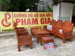 Bộ bàn ghế Âu Á chương voi tay đặc liền khối gỗ hương đá (Anh Quân, Ninh Bình)