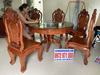 Bàn ăn tròn gỗ hương đá bộ 6 ghế đục louis hoa hồng (Chị Yến, Thái Bình)