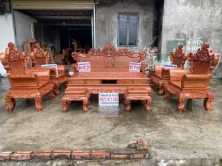 Bộ bàn ghế Hoàng Gia 10 món vách trơn bàn đục tứ linh siêu đẹp (Anh Đức, Thanh Hóa)