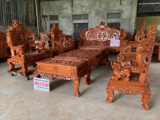 Bộ bàn ghế rồng khuỳnh nghê đỉnh 12 món gỗ hương đá (Chú Sự, Nam Định)